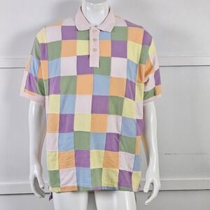 Orvis Mens XL Patchwork Polo Shirt Multicolor Pastel Cotton Pique Short Sleeve